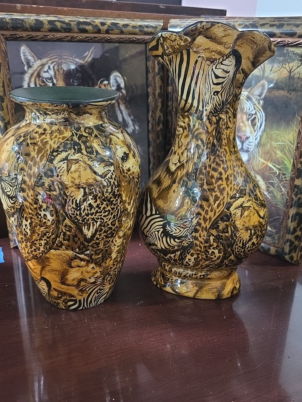 Pair Of Decorative Leopard & Zebra Pattern Ceramic Vases in Golden Brown